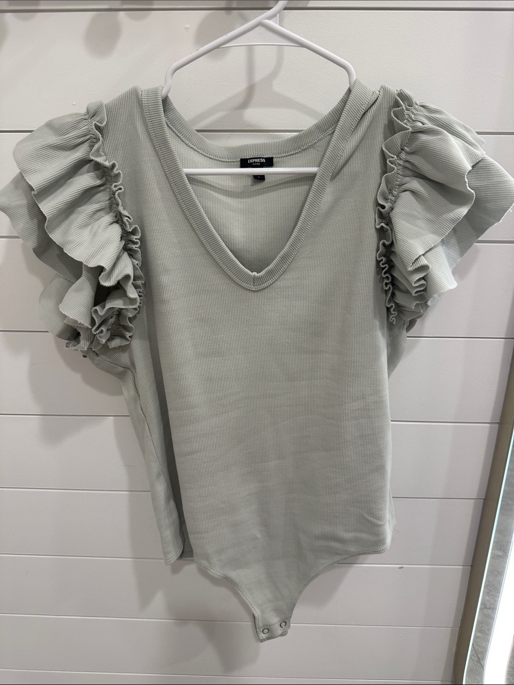 Express Light Mint Ruffle Sleeve V-Neck Tee bodysuit